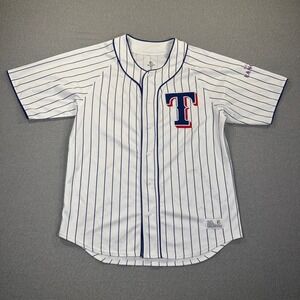 Texas Rangers Dynasty Jersey Mens L White Stripe Button Short Sleeve MLB